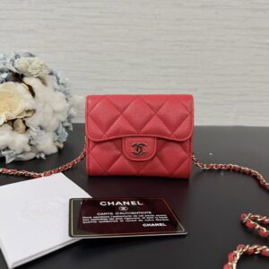 CHANEL 荔枝鏈條卡包愛心紅(23743)