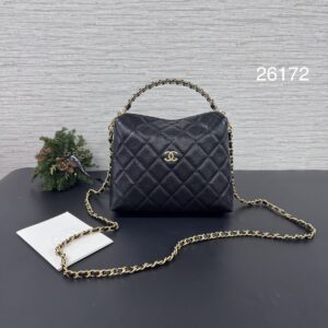 Chanel 全新荔枝手柄飯盒包黑金(26172)