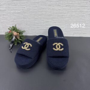 CHANEL 23B深藍雙c金logo拖鞋(26512)
