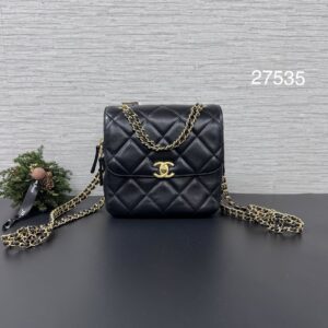 Chanel 皮穿鏈logo黑金後背包(27535)