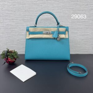 HERMES KELLY32 孔雀藍銀釦(29063)