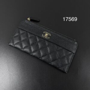 CHANEL 琺瑯釦荔黑金薄長夾(17569)