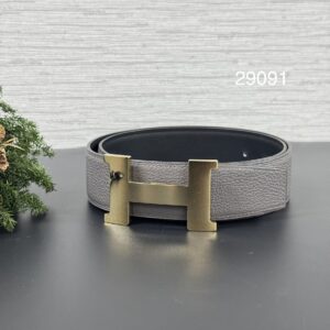 Hermes H金釦雙面皮腰帶黑/錫器灰38mm(29091)
