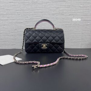Chanel 黑拼粉手柄黑金大mini(29349)