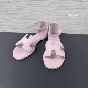 Hermès 全新Santorini 經典 H 粉平底涼鞋(29397)