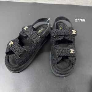 CHANEL 全新針織雙 CC 魔鬼氈涼鞋(27766)